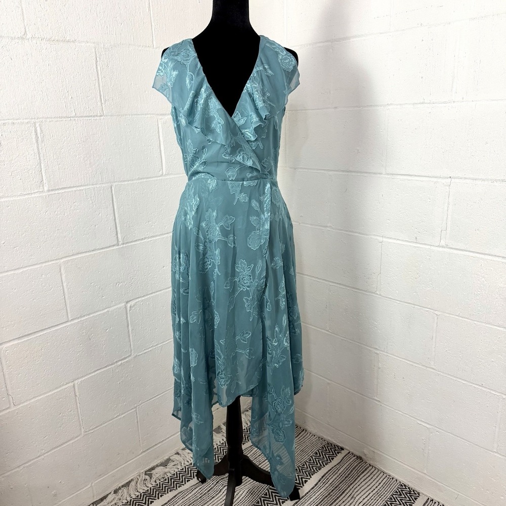Leith Midi Dress Blue Satin Floral Asymmetric Hanky Ruffle Hem Ethereal Fairy XS
